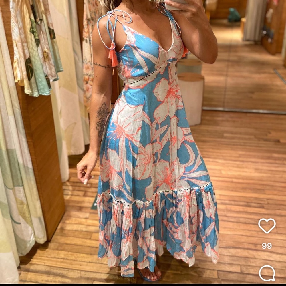 FARM Rio Blue Floral Maxi Dress with Coral Accents - Picture 5 of 9